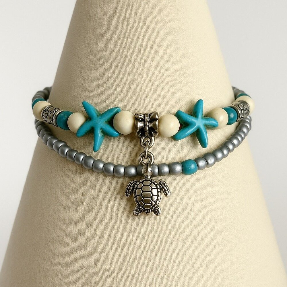 Starfish and Turtle Beaded Bracelet – Silver, Turquoise, and Ivory Beads – Beach